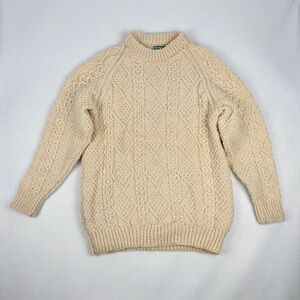 Vtg Cream 100% Wool Hand Cable Knit Pullover Sweater Sz S Irish Fisherman Heavy